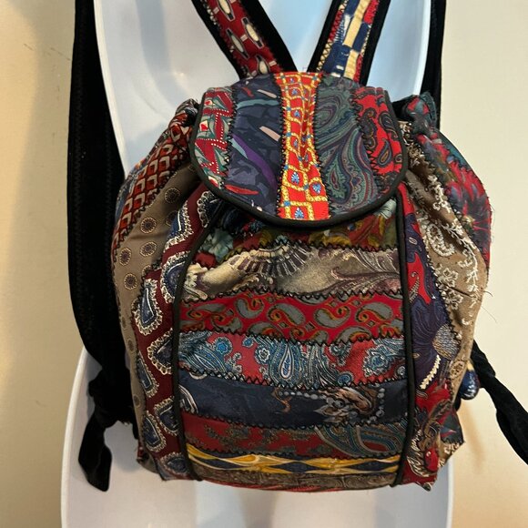 Upcycled  Handmade VIntage Silk Ties Backpack Boho Festival - Picture 2 of 10